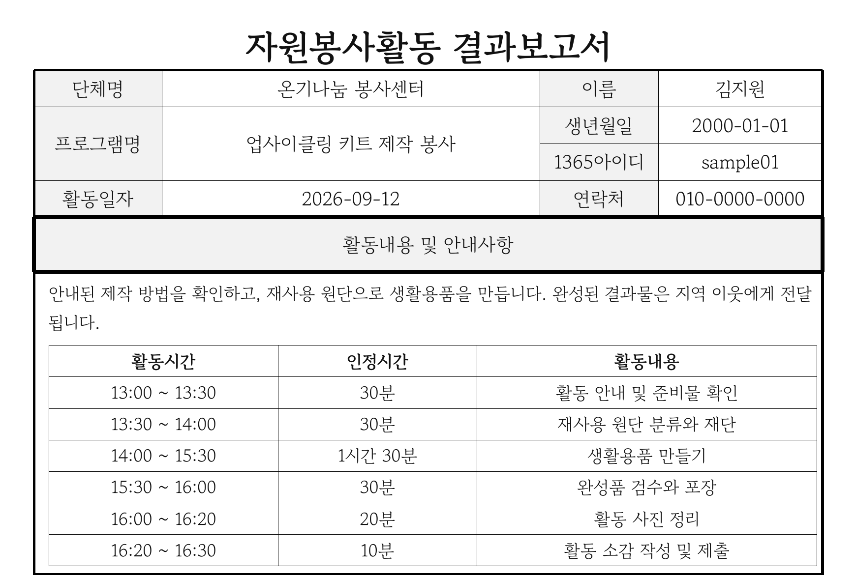 봉사로에서 생성한 결과보고서의 기본 정보와 활동 시간별 인정 시간 및 활동 내용